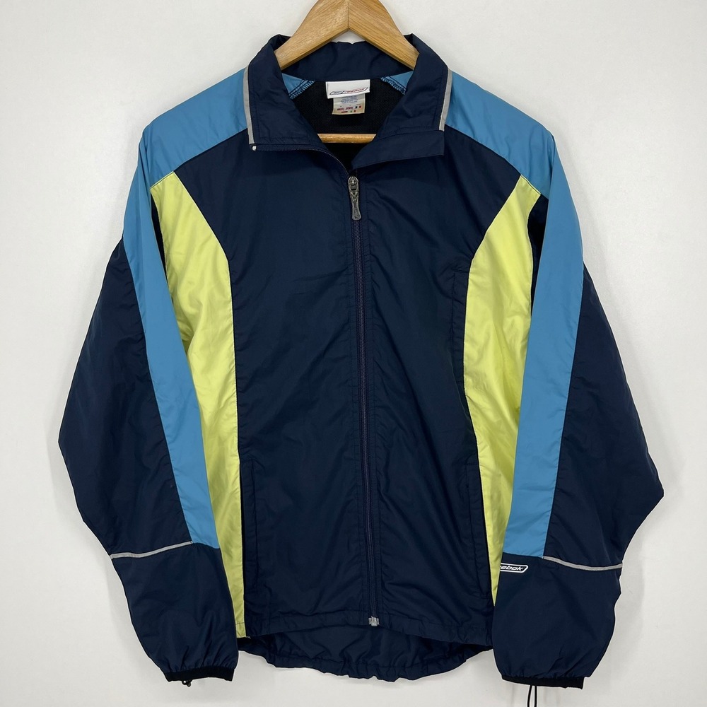 Reebok Womens Colorblock Windbreaker Jacket Navy Blue Neon Yellow Size Medium